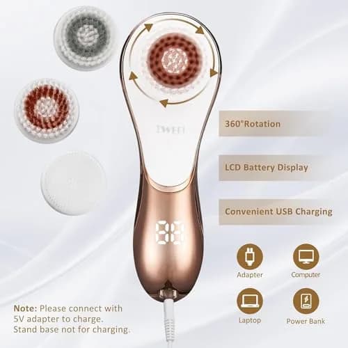 IWEEL Electric Facial Cleansing Brush with 4 Brush Heads - White & Rose Gold | Deep Pore Cleansing & Exfoliation System thumbnail 5