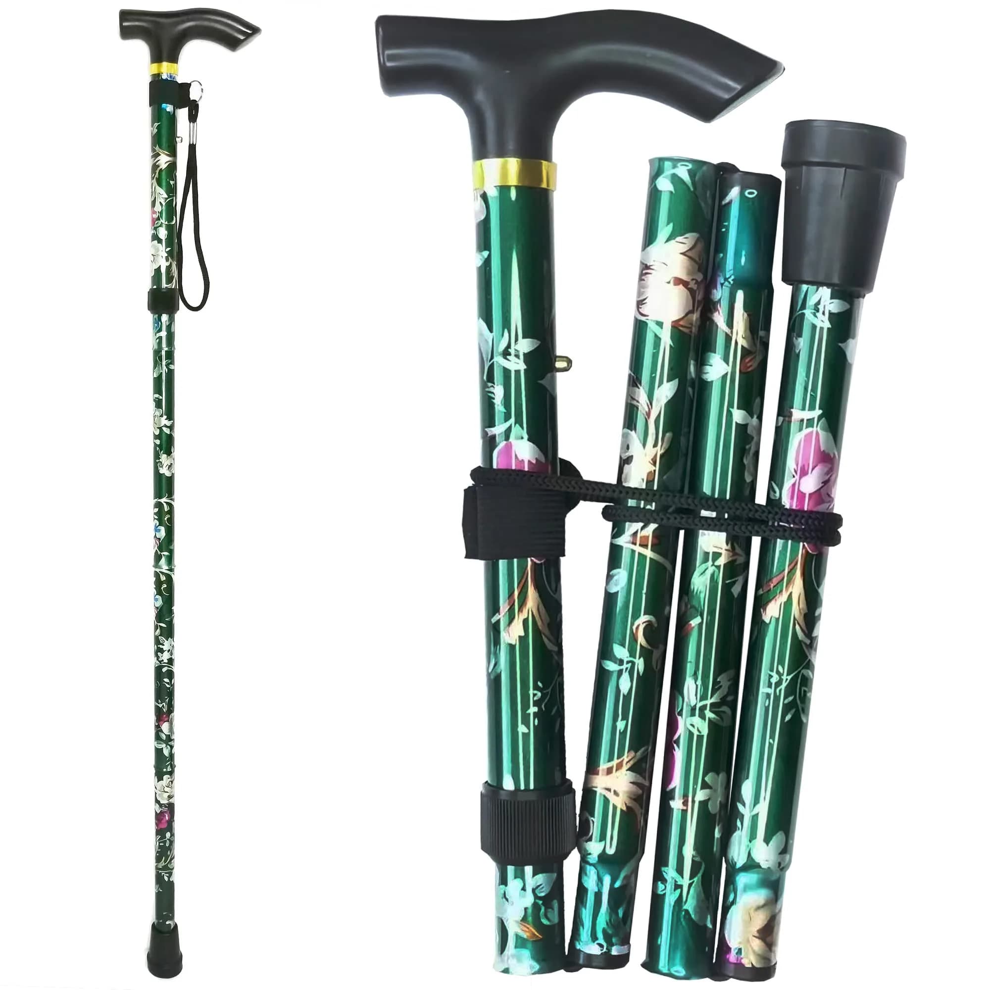 CLOKTA Folding Cane with Floral Pattern, 33-37 inch Adjustable Height | Lightweight Aluminum Mobility Aid — Floral Green