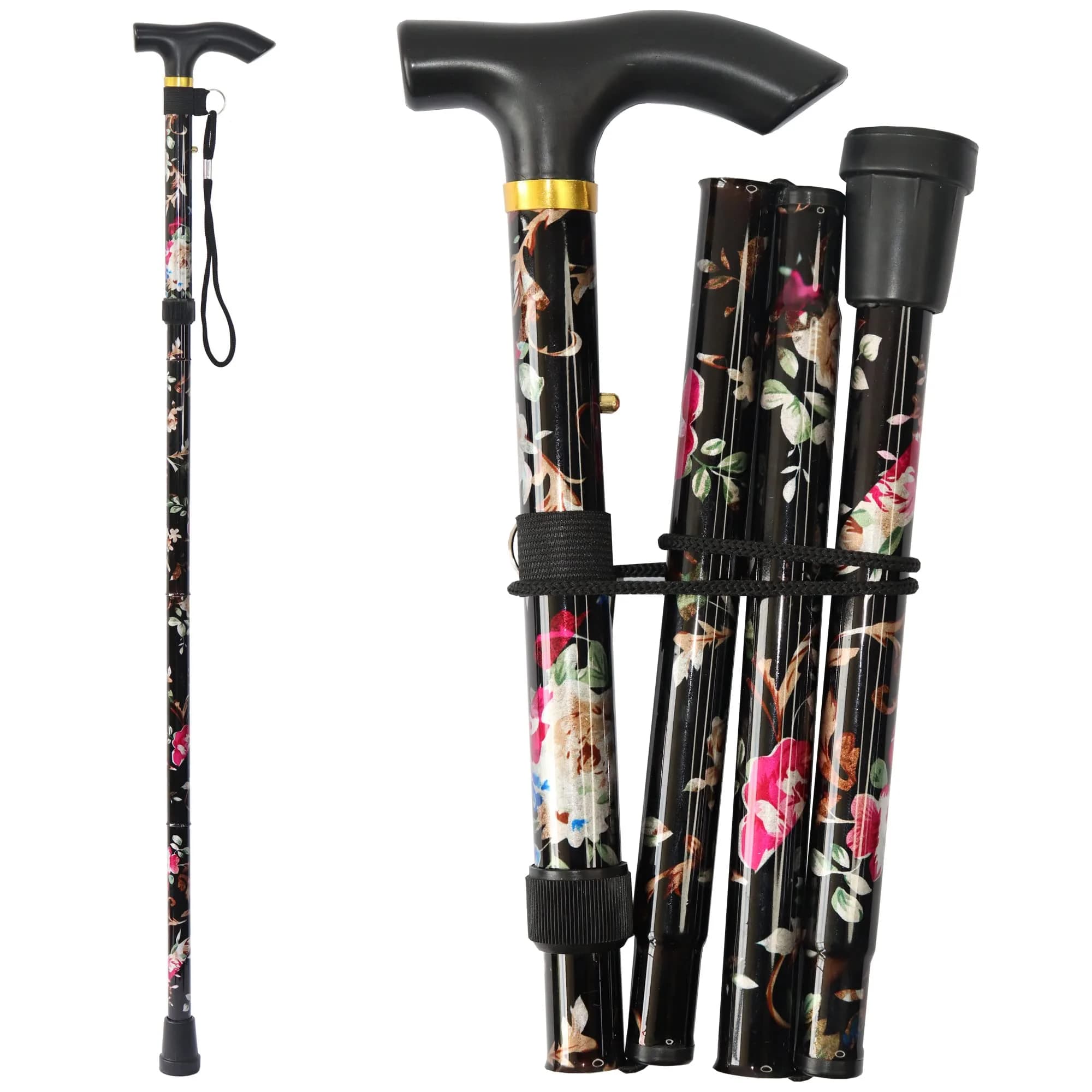 CLOKTA Folding Cane with Floral Pattern, 33-37 inch Adjustable Height | Lightweight Aluminum Mobility Aid — Floral Black