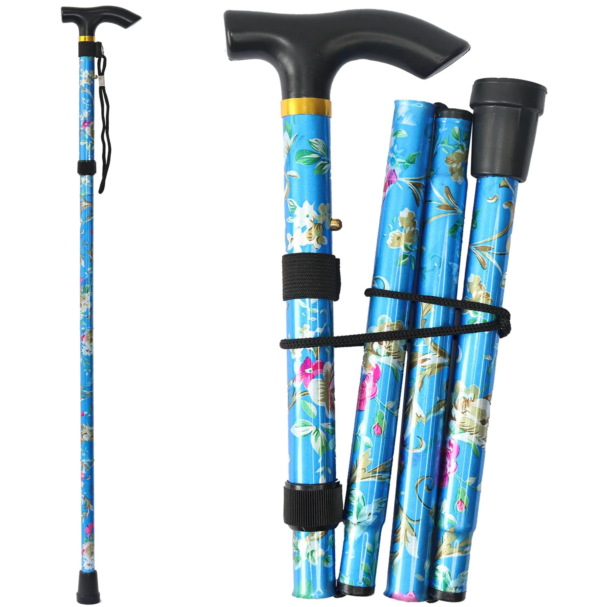 CLOKTA Folding Cane with Floral Pattern, 33-37 inch Adjustable Height | Lightweight Aluminum Mobility Aid — Floral Blue
