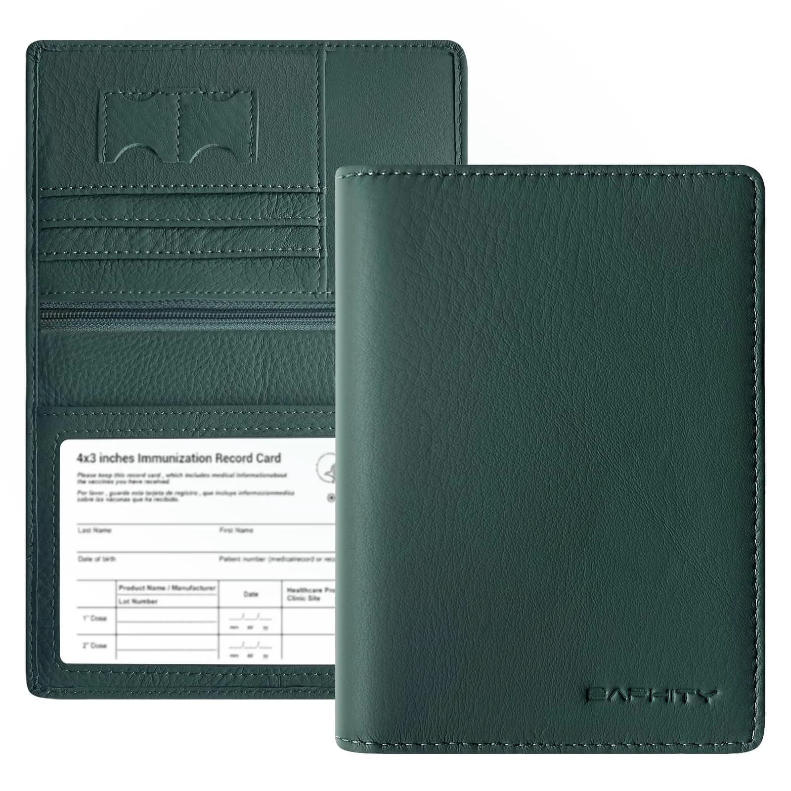 BAPHITY Genuine Leather RFID Blocking Passport Holder Wallet with Zipper | Green — green