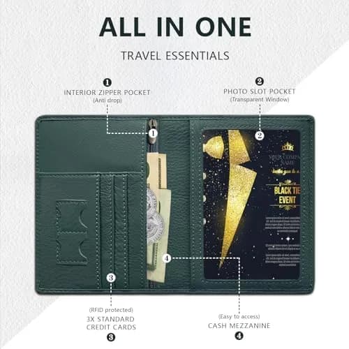 BAPHITY Genuine Leather RFID Blocking Passport Holder Wallet with Zipper | Green thumbnail 3