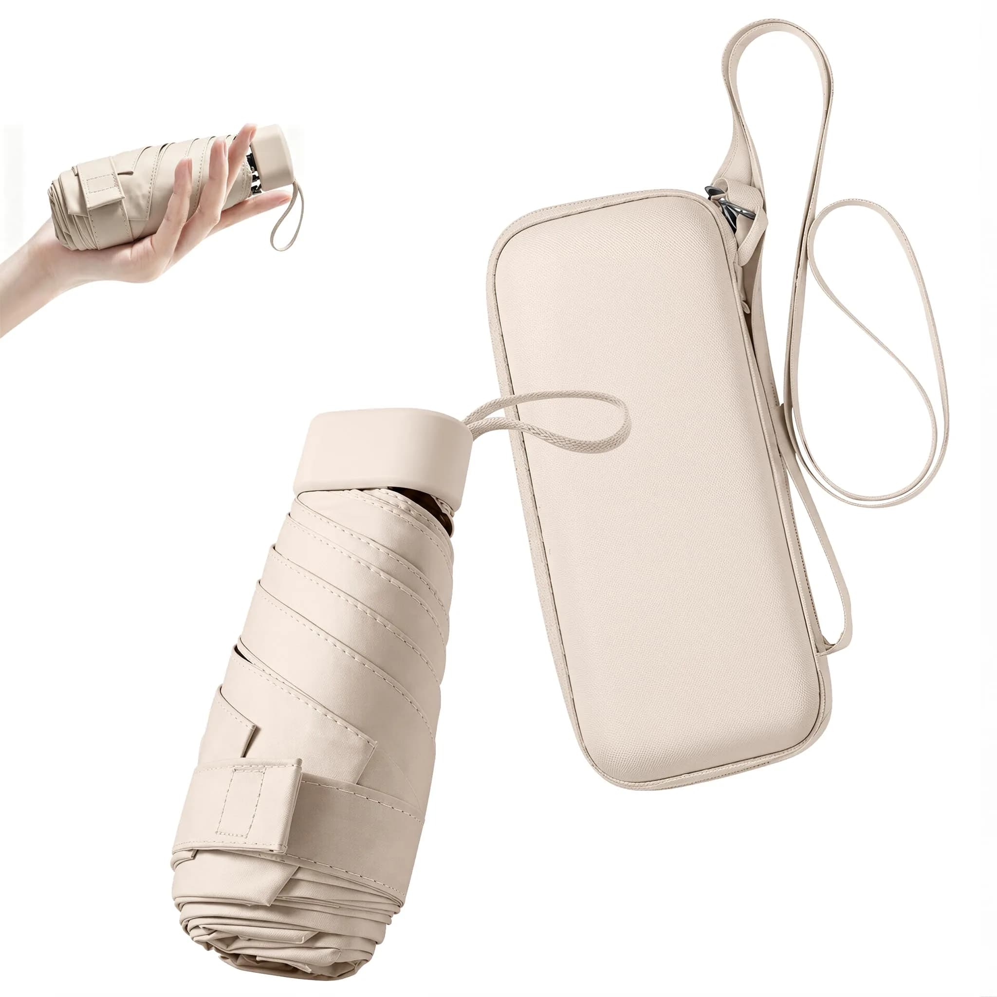 ESUFEIR Mini Sun Umbrella for Purse with Case, Skyblue 14 cm (5.5 in) | UPF 50+ UV Protection — Beige