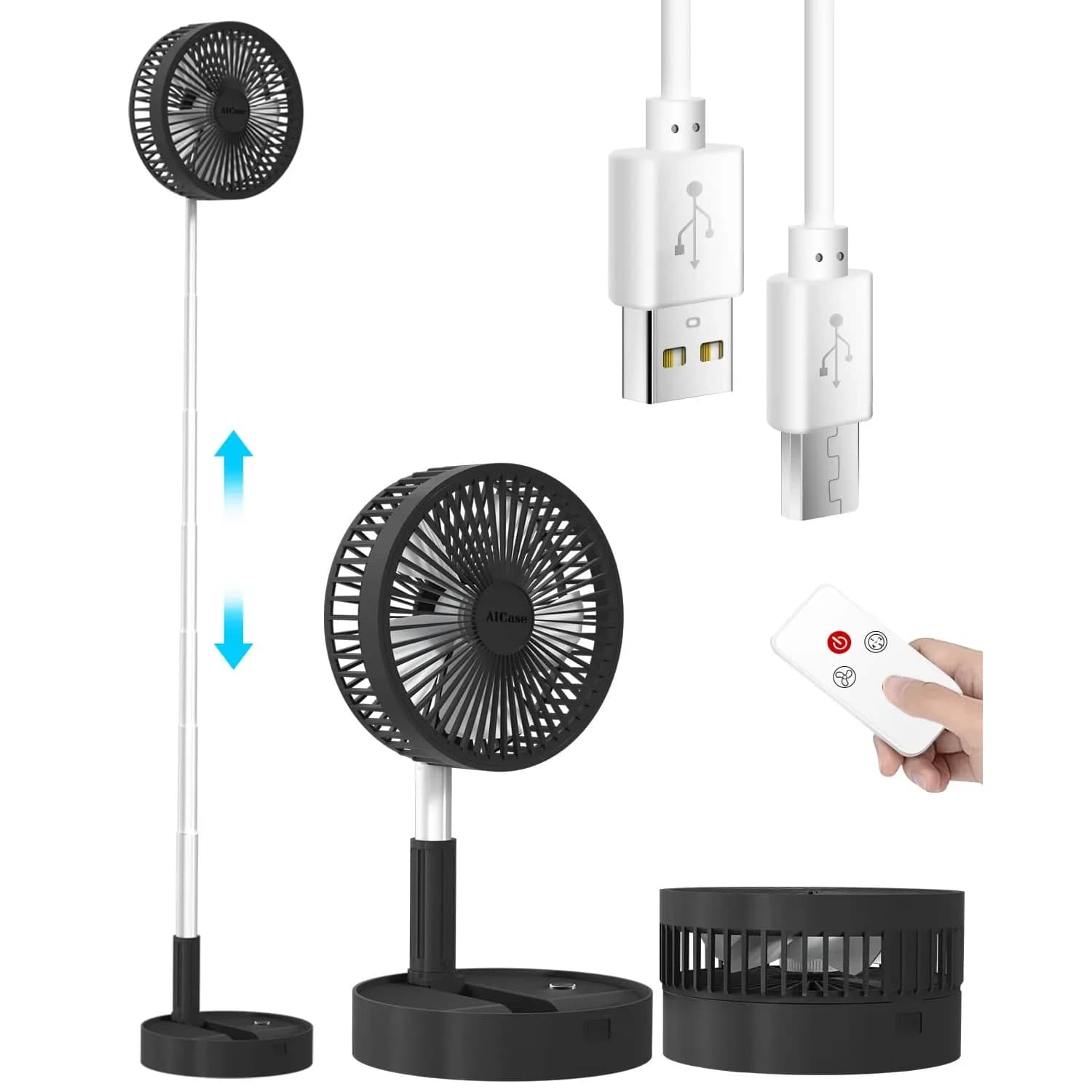 AICase Folding Portable Telescopic Fan 7200mAh Battery | 4 Speeds, 39.3" Height, Pink — Black 7200mAh