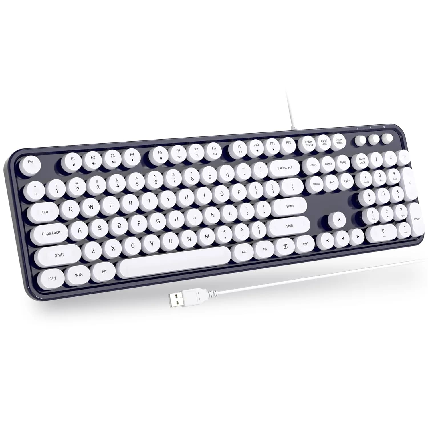 Atelus Retro Typewriter Keyboard Full Size Wired USB Keyboard with Number Pad, 17.52" x 5.12" x 1.38" (Creamy White) | Clicky Switches — Dark Blue