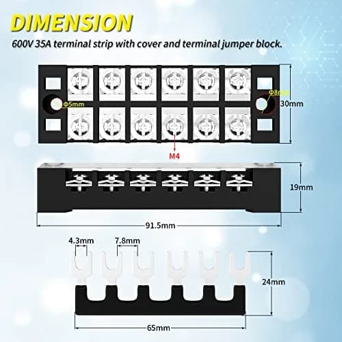 Joinfworld Terminal Block 6P 35A | Dual Row Screw Terminal Strip with Cover & Jumper (2 Pack) thumbnail 2
