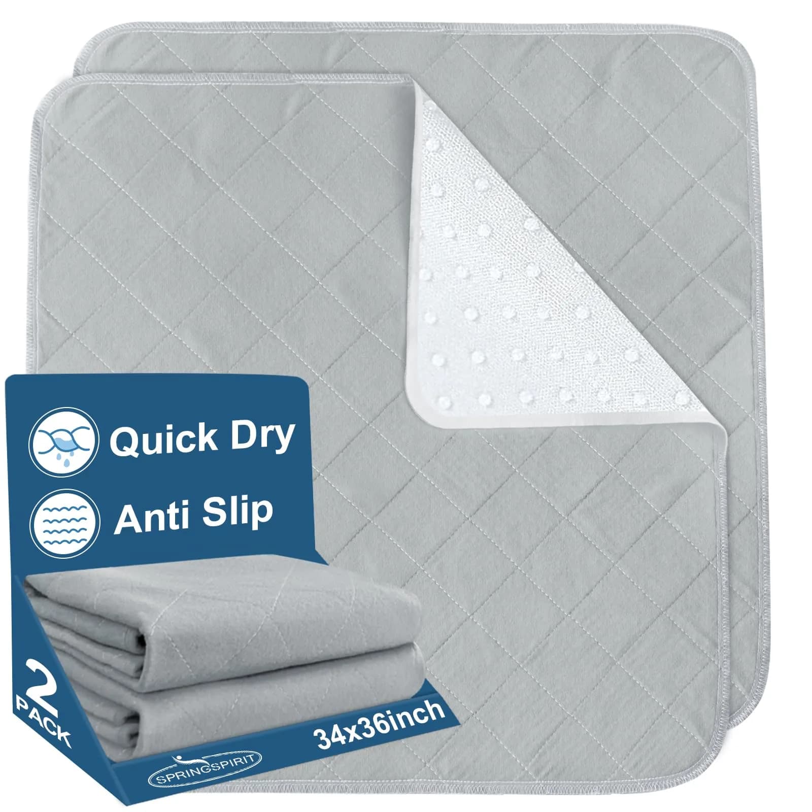 SPRINGSPIRIT Washable Waterproof Bed Pads 34'' x 36'' (2-Pack, Grey) | Absorbent & Non-Slip for Incontinence
