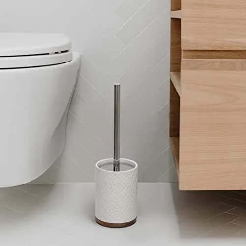 Motifeur Ceramic Toilet Brush Set - Toilet Bowl Brush & Holder with Wooden Base (White & Beige) | Stylish & Durable thumbnail 3