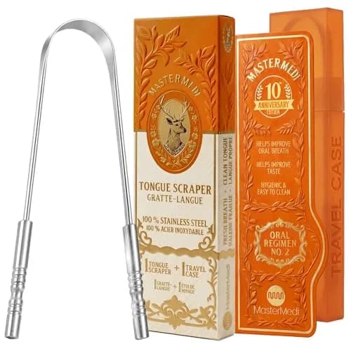 MasterMedi Stainless Steel Tongue Scraper with Case | Removes Tongue Gunk for Fresh Breath thumbnail 1
