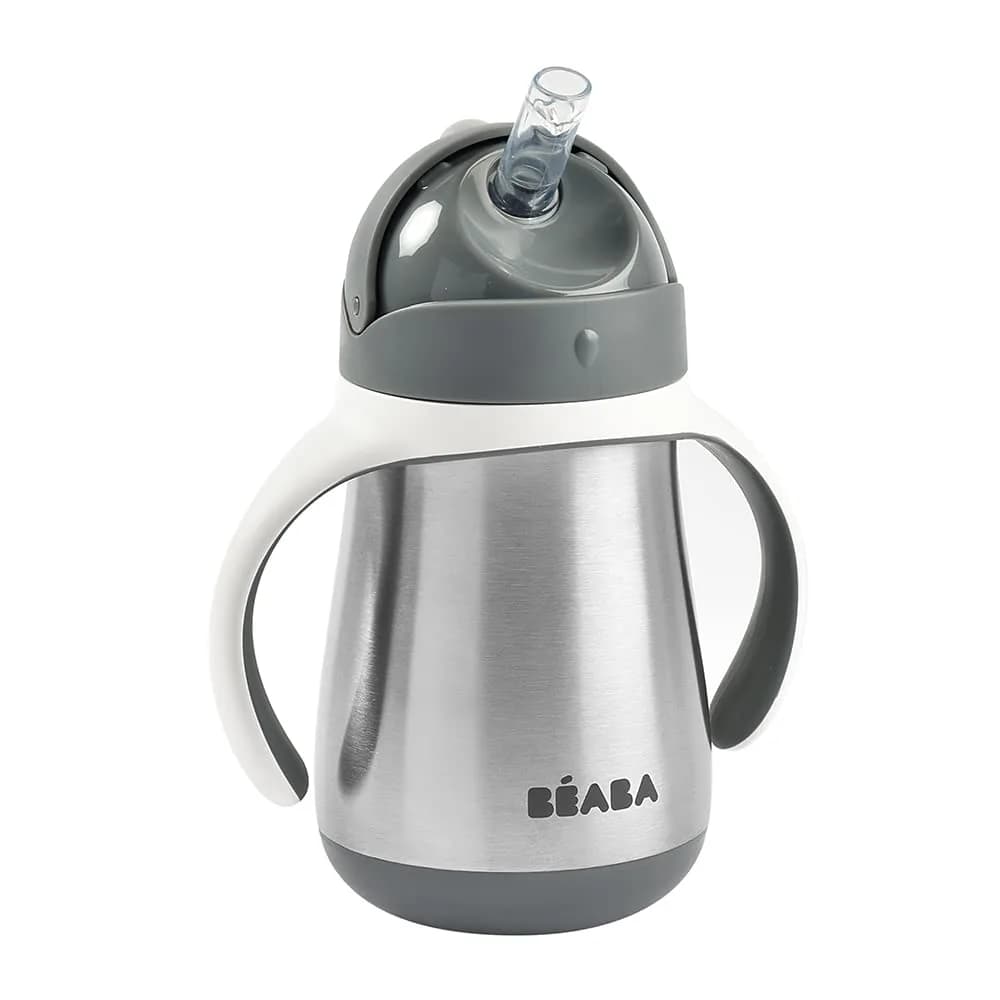 Béaba Stainless Steel Straw Sippy Cup, Insulated Toddler Cup 250ml (8.5 Fl Oz) | Spill-Proof for 8+ Months — Charcoal