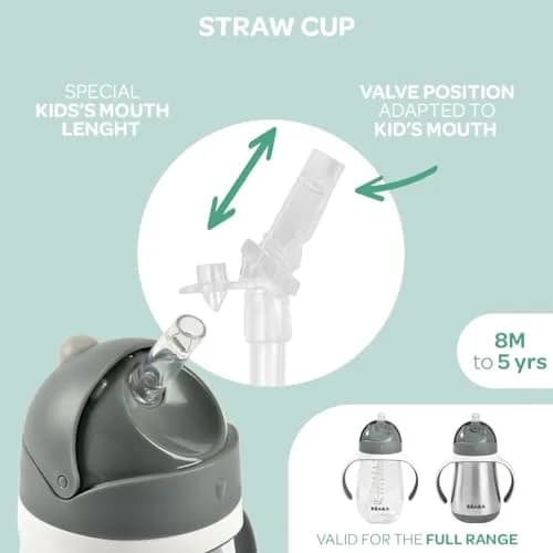 Béaba Stainless Steel Straw Sippy Cup Insulated Toddler Cup 240ml (8.5 oz) | Spill-Proof Leak-Proof for 8+ Months thumbnail 5
