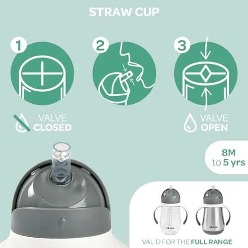 Béaba Stainless Steel Straw Sippy Cup Insulated Toddler Cup 240ml (8.5 oz) | Spill-Proof Leak-Proof for 8+ Months thumbnail 6