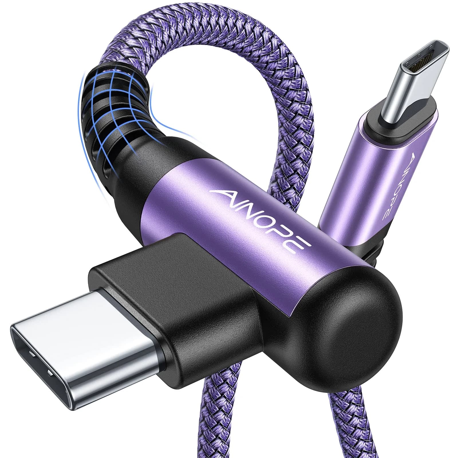 AINOPE 6.6ft Purple USB C to USB C Cable 2-Pack, 60W Fast Charging Right Angle