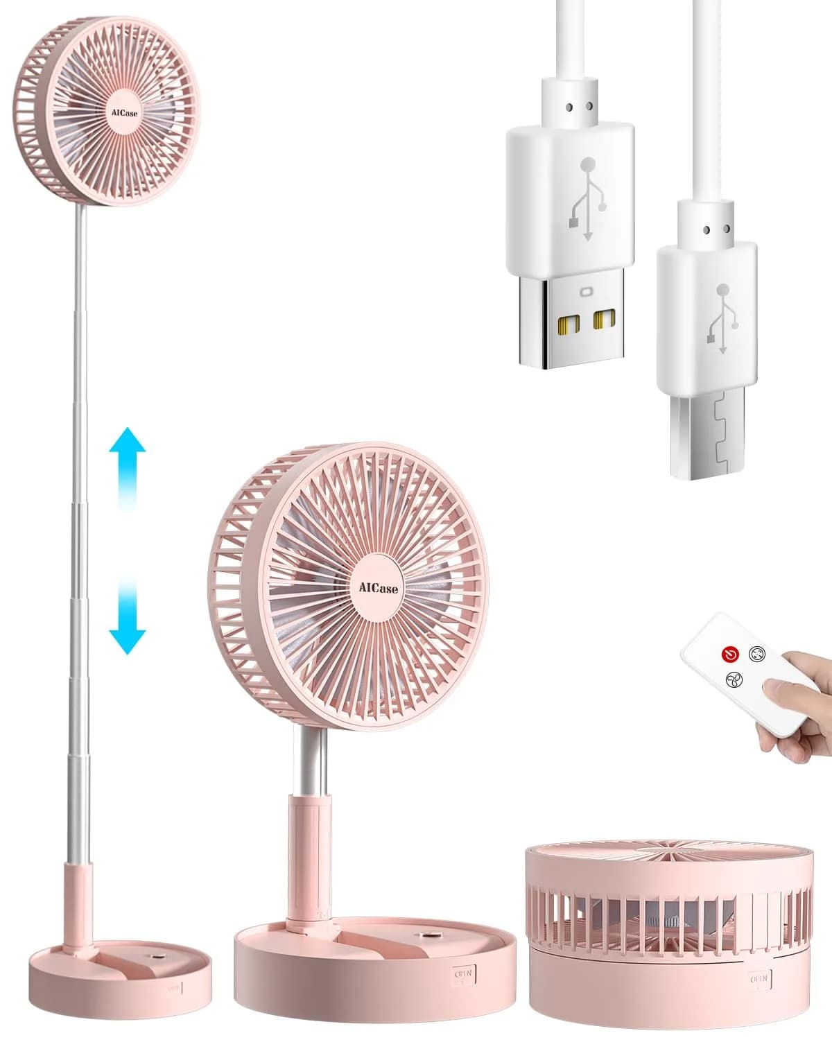 AICase Folding Portable Telescopic Fan 7200mAh Battery | 4 Speeds, 39.3" Height, Pink — Pink 10800mAh
