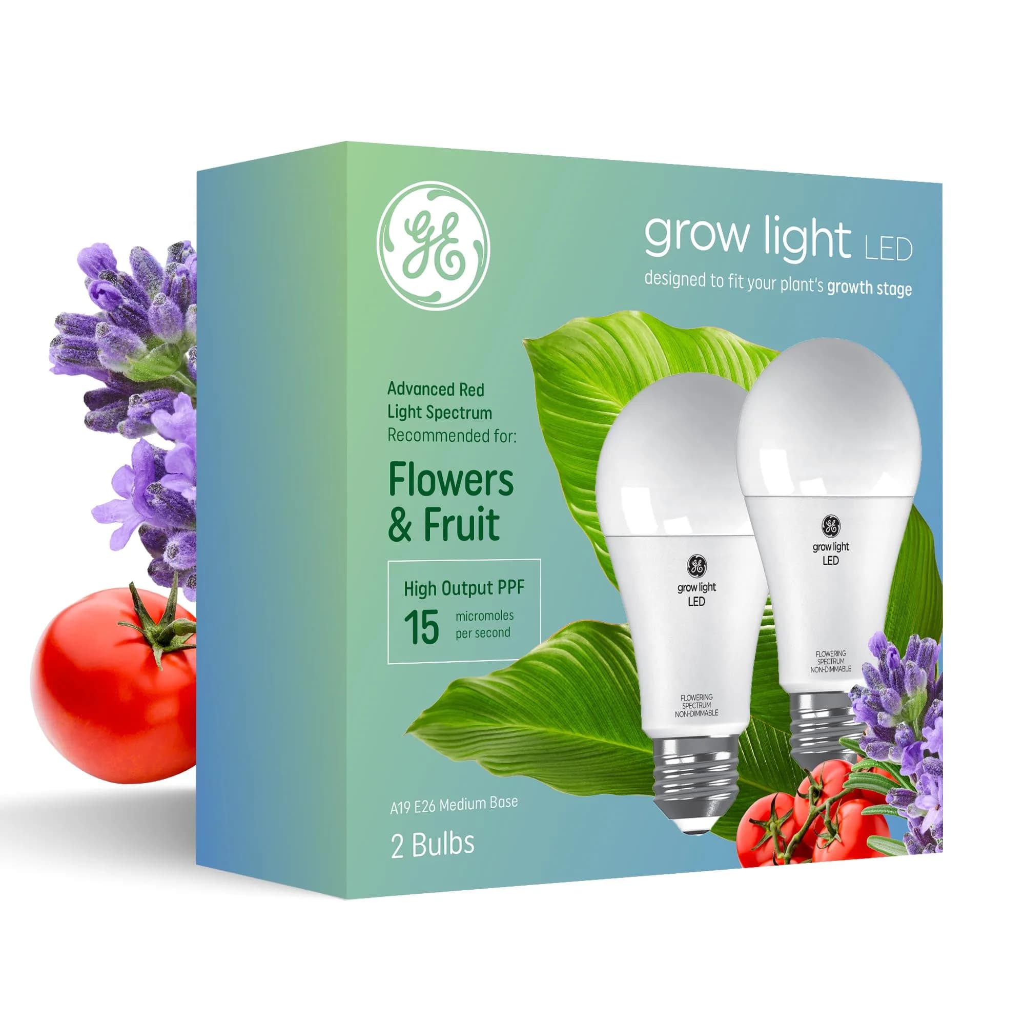 GE Grow Lights for Indoor Plants, A19 LED Bulbs, 2 Pack | Full Spectrum Red Light, 25,000 Hours Lifespan