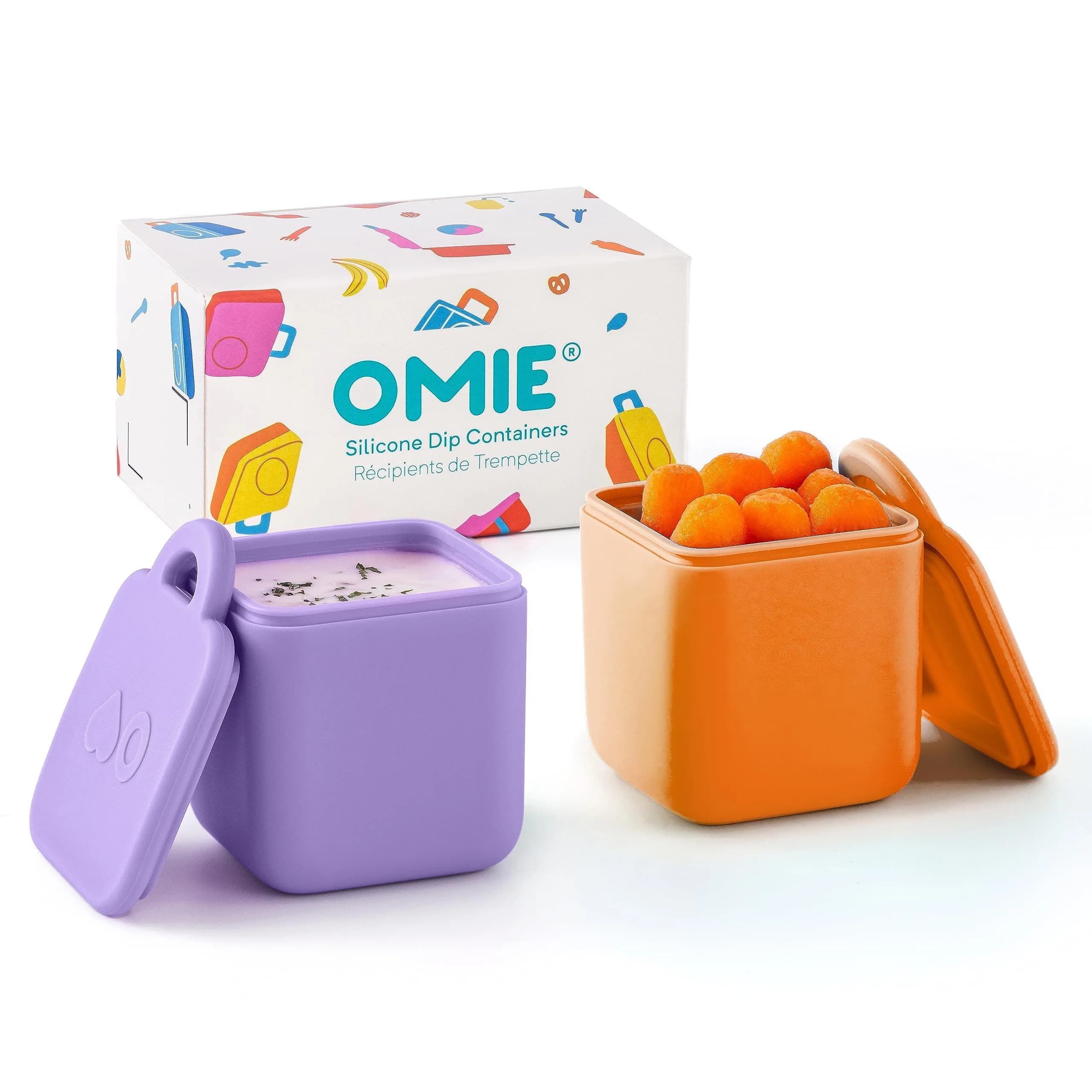 OmieBox Leakproof Dips Containers 118ml (4 fl oz) | Pack of 2 Purple/Orange | Food Safe Silicone