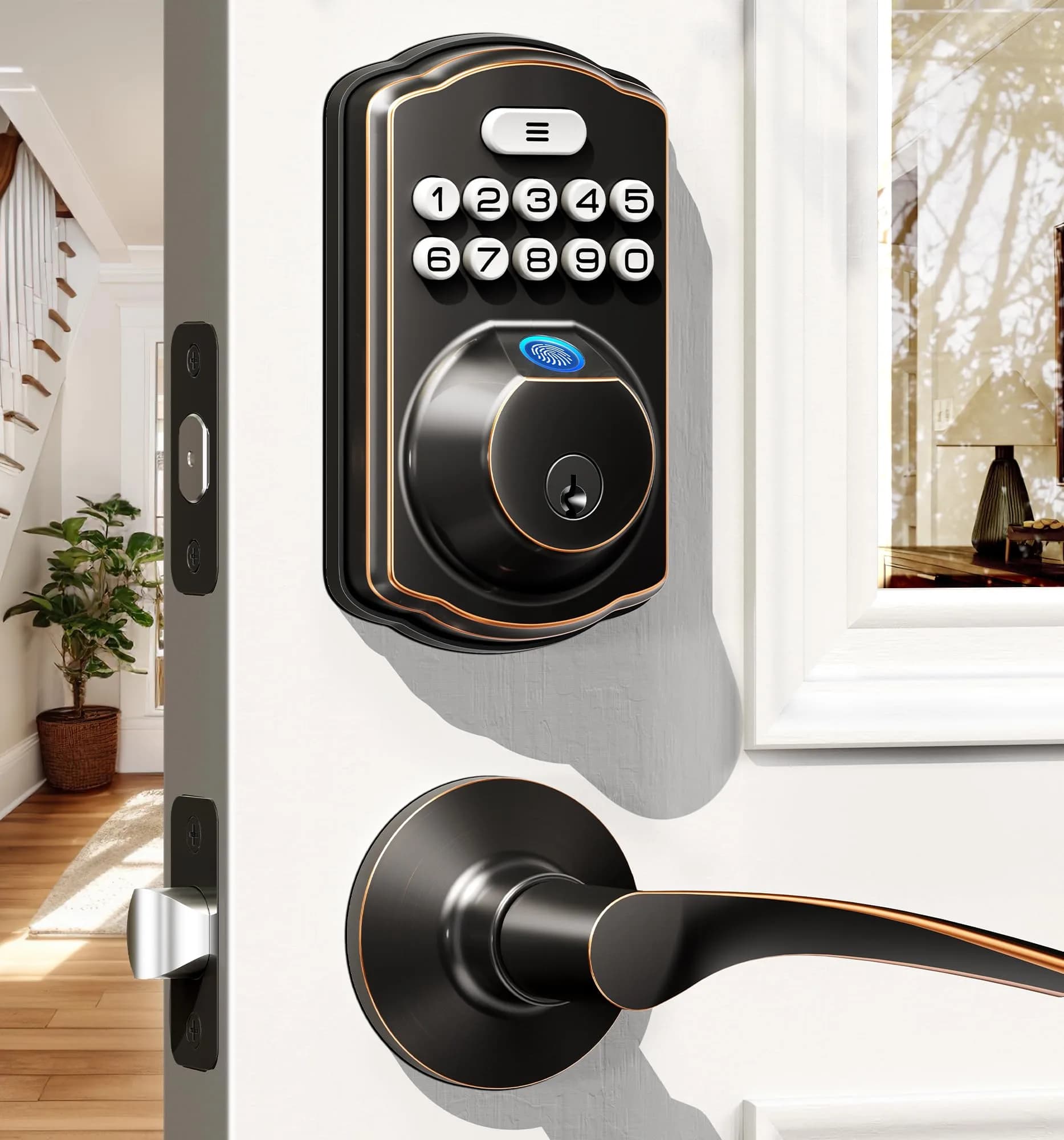 Veise Fingerprint Door Lock with 2 Lever Handles | Auto Lock & Biometric Security - main product image