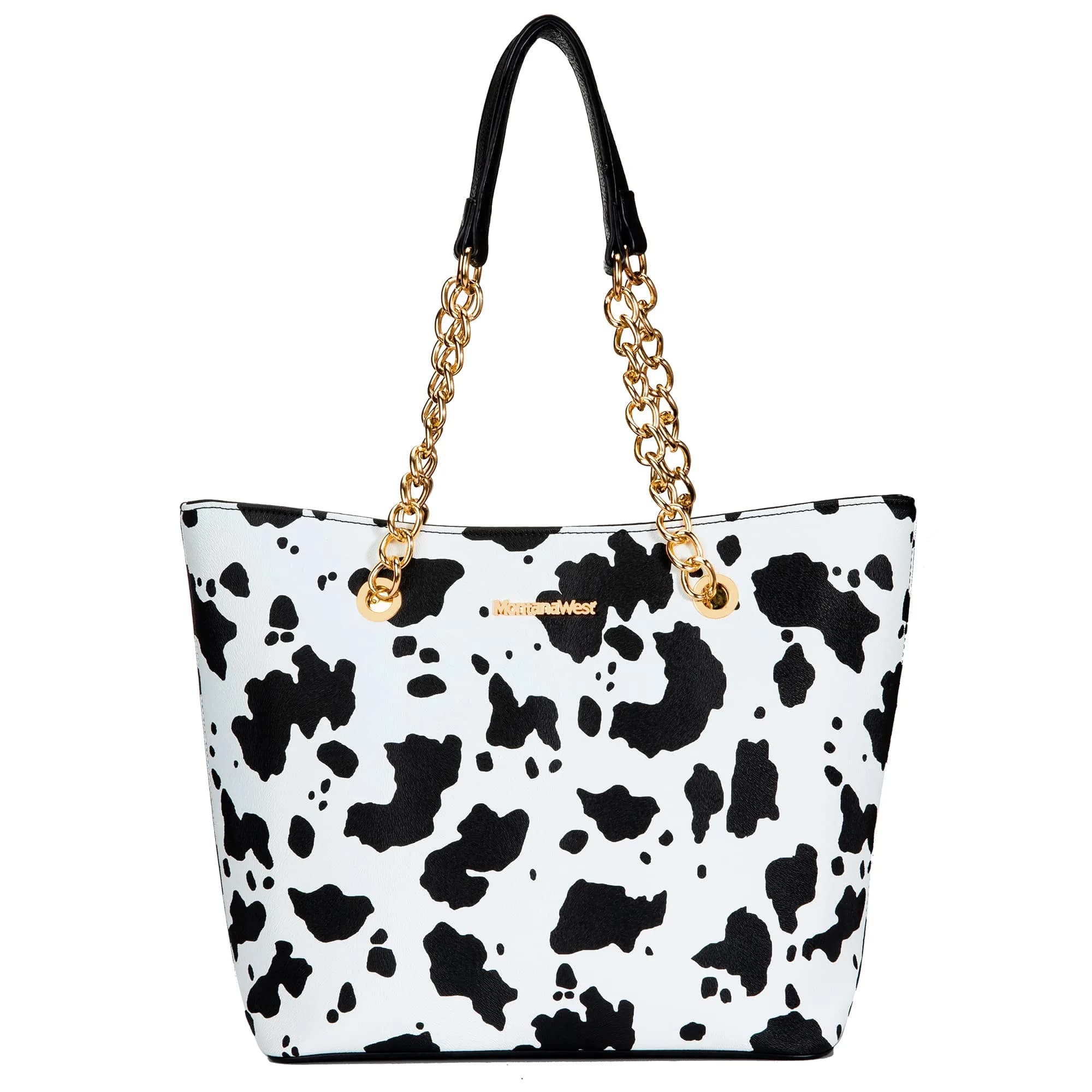 Montana West Tote Bag for Women Chain Top-handle Satchel Handbags Ladies Purses Shoulder Bags MWC-0391BK/COW 31.75 cm (12.5 in) | Elegant PU Leather with Golden Chain Handle