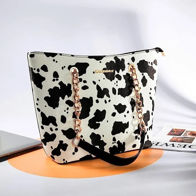 Montana West Tote Bag for Women Chain Top-handle Satchel Handbags Ladies Purses Shoulder Bags MWC-0391BK/COW 31.75 cm (12.5 in) | Elegant PU Leather with Golden Chain Handle thumbnail 3