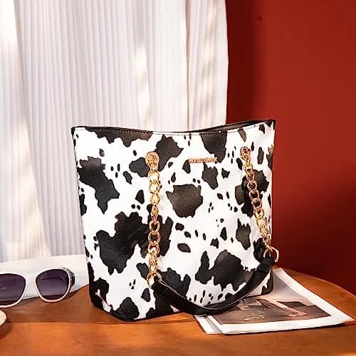 Montana West Tote Bag for Women Chain Top-handle Satchel Handbags Ladies Purses Shoulder Bags MWC-0391BK/COW 31.75 cm (12.5 in) | Elegant PU Leather with Golden Chain Handle thumbnail 4