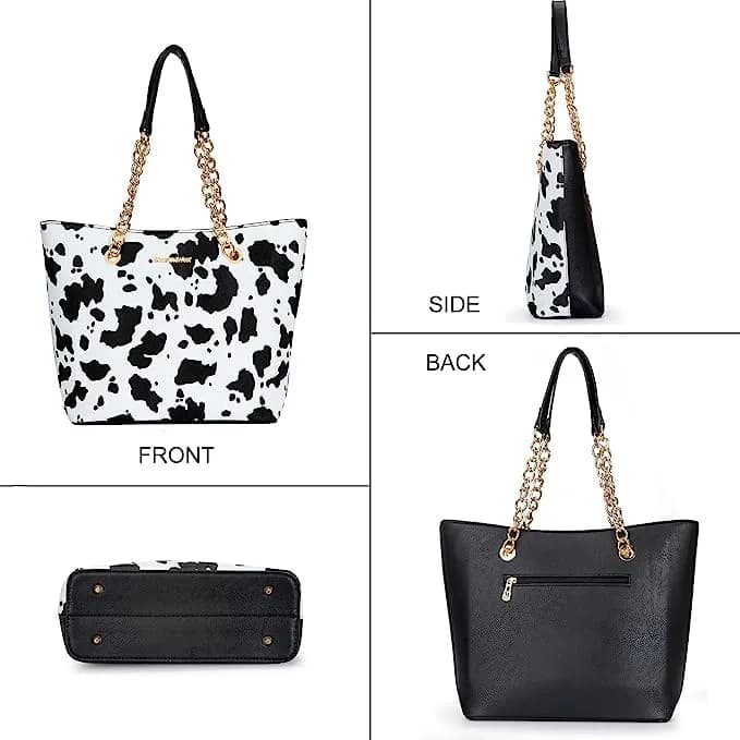 Montana West Tote Bag for Women Chain Top-handle Satchel Handbags Ladies Purses Shoulder Bags MWC-0391BK/COW 31.75 cm (12.5 in) | Elegant PU Leather with Golden Chain Handle thumbnail 5
