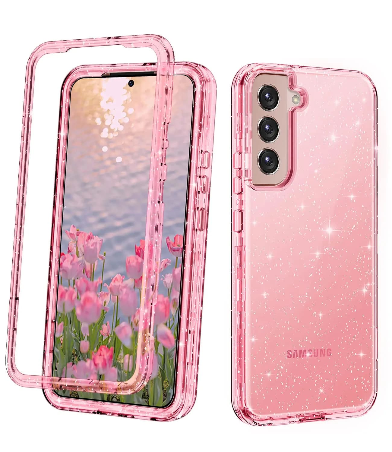Btscase Rose Gold Marble Pattern Case for Samsung Galaxy S22 5G 6.1 Inch | Triple-Layer Shockproof Protection — Pink Glitter