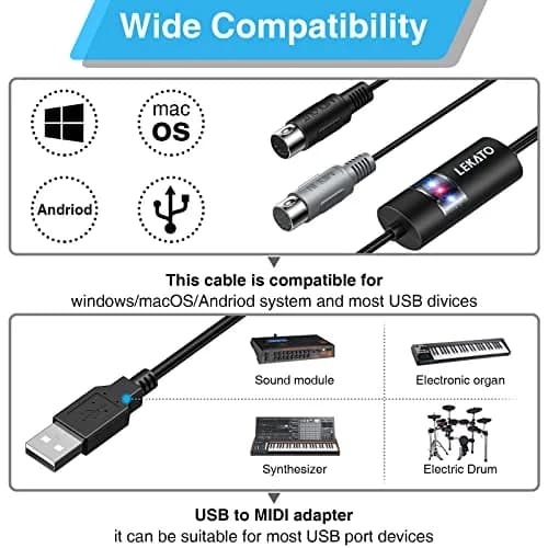 LEKATO USB MIDI Cable Controller 6.5ft | Plug & Play for Windows/Mac thumbnail 6