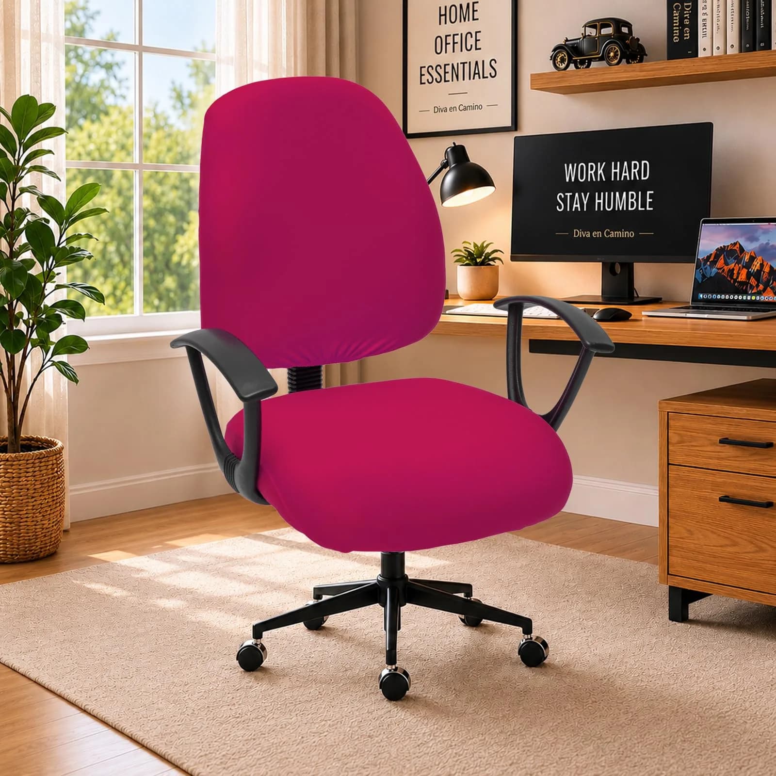 DIVA EN CAMINO DEC Water Resistant Office Chair Cover 85% Polyester & 15% Spandex | Universal Washable Slipcover (Large) — Hot Pink