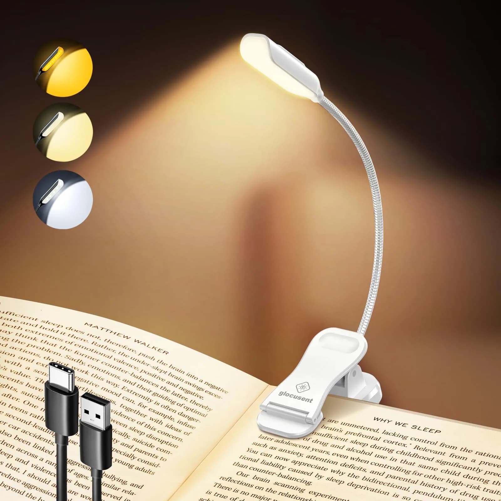 Glocusent Willow Book Light for Reading in Bed, 10 LED Bright Reading Light, 45g (1.4oz) | 3 Color Temps & 3 Brightness Levels — White
