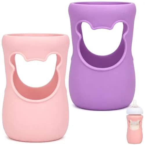 Aelop Silicone Baby Bottle Sleeves for Philips Avent Natural Glass Bottles 240ml (8 oz) - Pack of 2 (Pink & Purple) | Cute Bear Design thumbnail 1