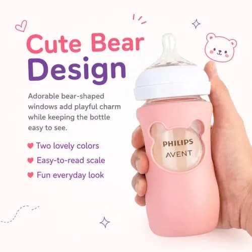 Aelop Silicone Baby Bottle Sleeves for Philips Avent Natural Glass Bottles 240ml (8 oz) - Pack of 2 (Pink & Purple) | Cute Bear Design thumbnail 7