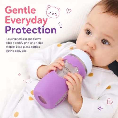 Aelop Silicone Baby Bottle Sleeves for Philips Avent Natural Glass Bottles 240ml (8 oz) - Pack of 2 (Pink & Purple) | Cute Bear Design thumbnail 2