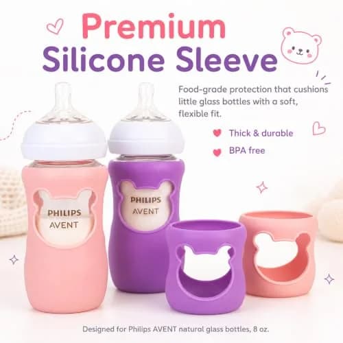 Aelop Silicone Baby Bottle Sleeves for Philips Avent Natural Glass Bottles 240ml (8 oz) - Pack of 2 (Pink & Purple) | Cute Bear Design thumbnail 3