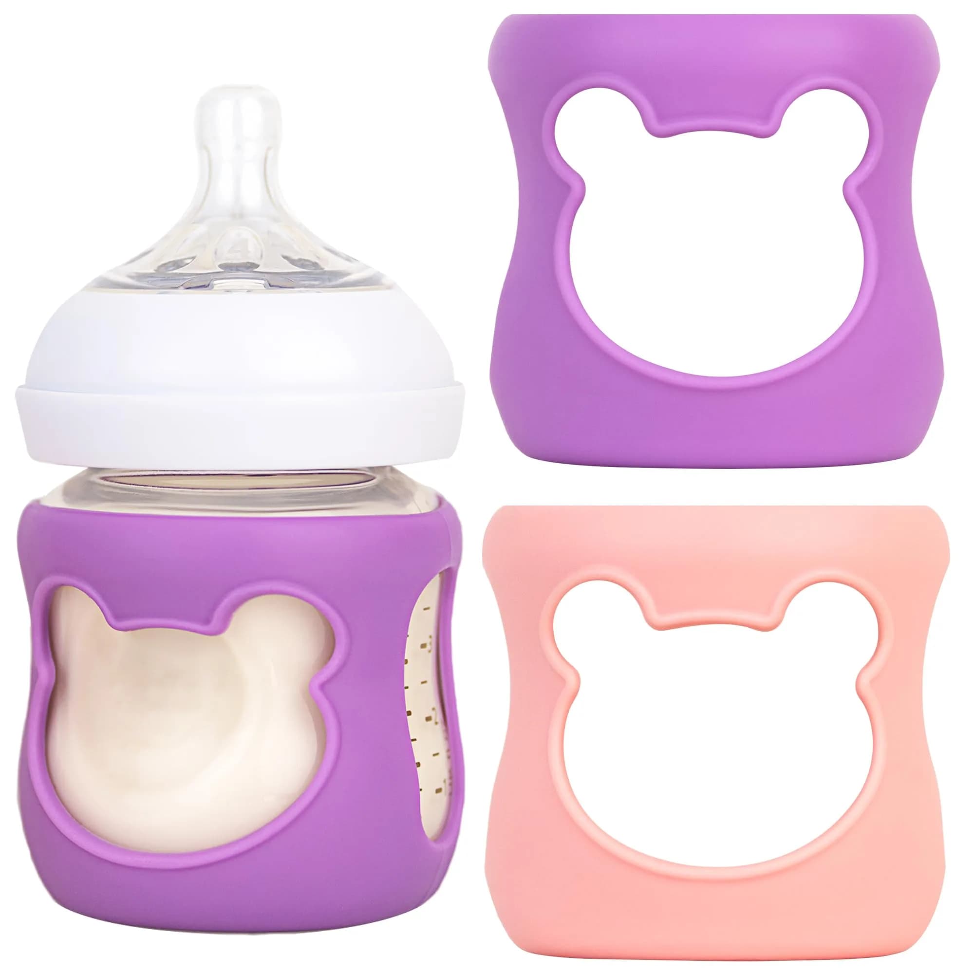 Aelop Natural Baby Bottle Sleeves for Philips Avent Glass Bottles (4oz, 2-Pack, Blue/Turquoise) | Protects Against Breakage — Pink/Purple
