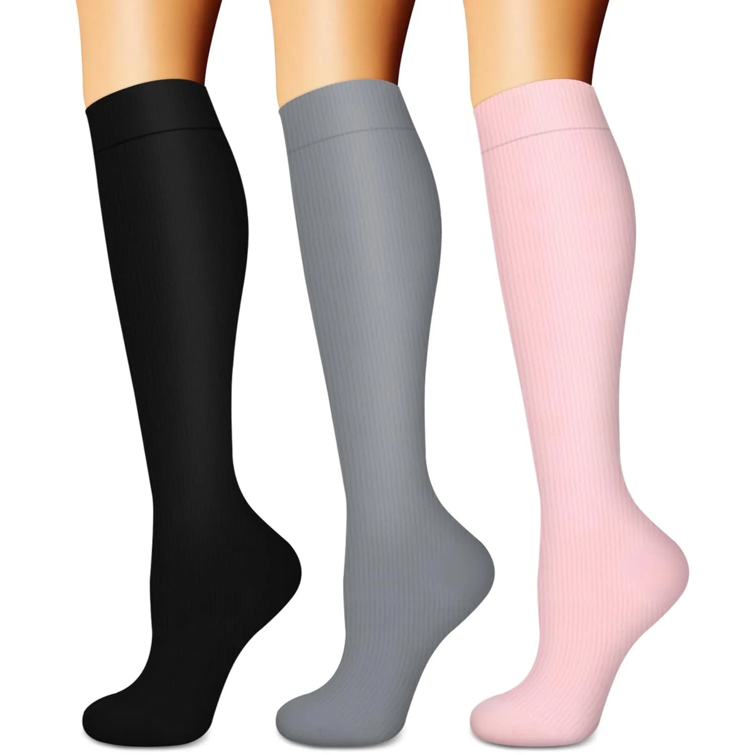 BLUEENJOY Compression Socks for Women & Men | Support for Running, Recovery & Flight (3 Pairs, Unisex, Large-X-Large) — Black/Gray/Light Pink