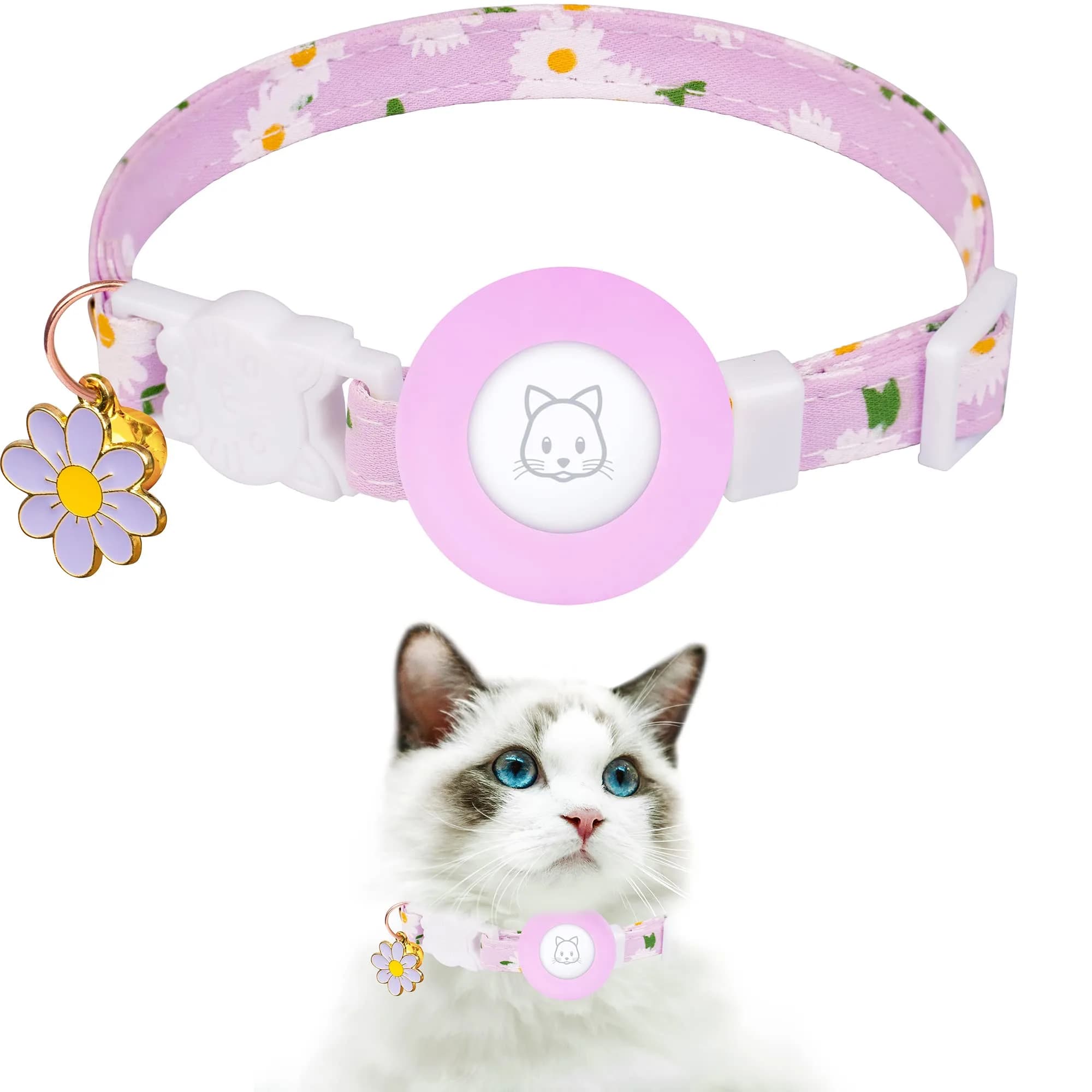 JXFUKAL Airtag Cat Collar with Breakaway Buckle, Silicone AirTag Holder, Bell & Flower Charm for Cats & Small Dogs (Purple, 7.1"-11.8")