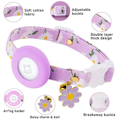JXFUKAL Airtag Cat Collar with Breakaway Buckle, Silicone AirTag Holder, Bell & Flower Charm for Cats & Small Dogs (Purple, 7.1"-11.8") thumbnail 2