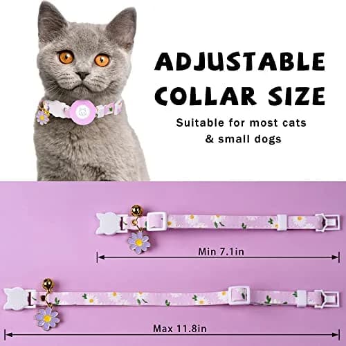 JXFUKAL Airtag Cat Collar with Breakaway Buckle, Silicone AirTag Holder, Bell & Flower Charm for Cats & Small Dogs (Purple, 7.1"-11.8") thumbnail 3