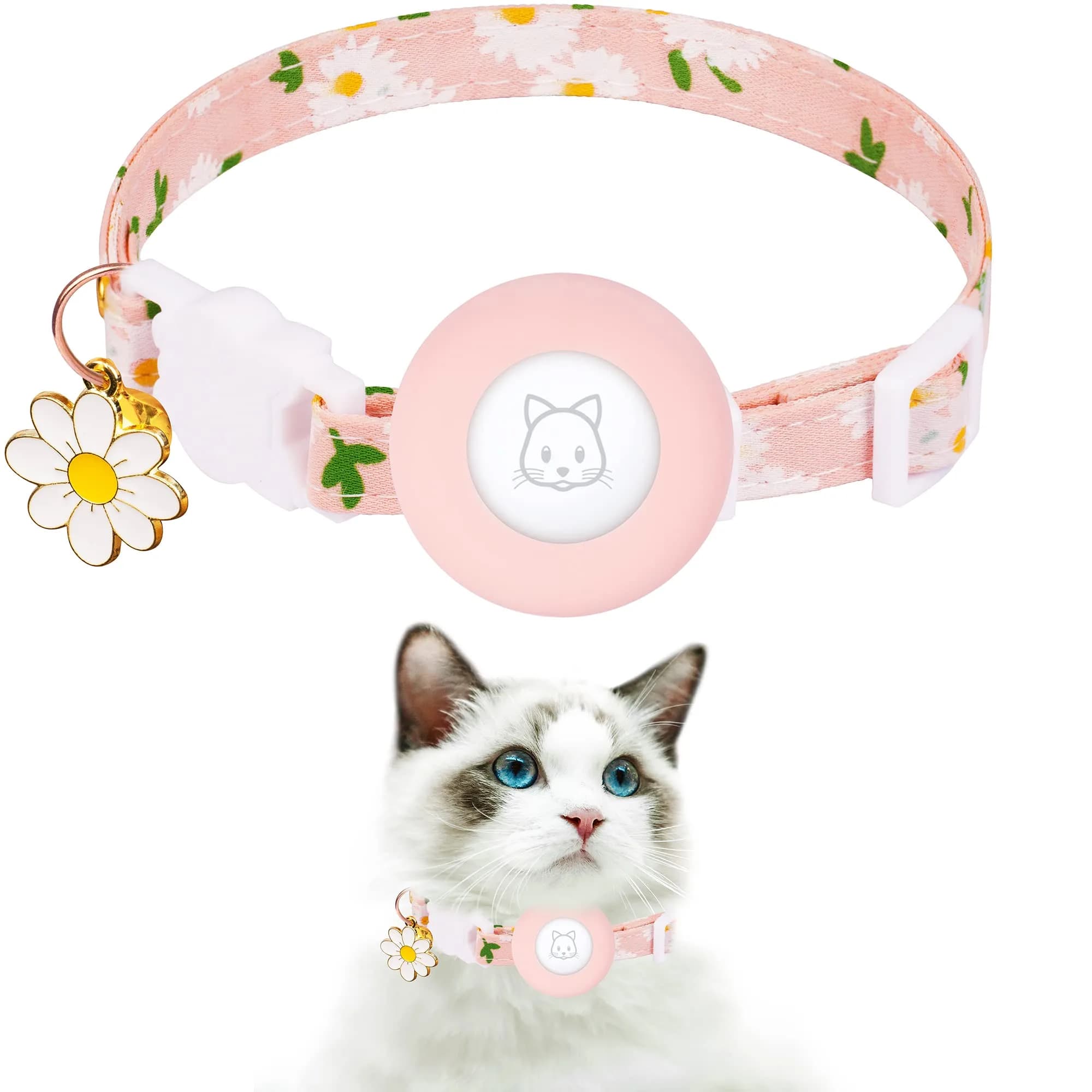 JXFUKAL Airtag Cat Collar with Breakaway Buckle, Silicone AirTag Holder, Bell & Flower Charm for Small Cats & Dogs (Pink) | Adjustable 7.1"-11.8" Neck Size