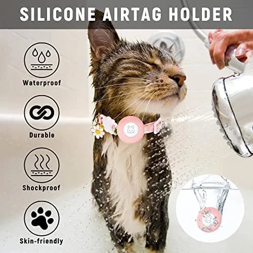 JXFUKAL Airtag Cat Collar with Breakaway Buckle, Silicone AirTag Holder, Bell & Flower Charm for Small Cats & Dogs (Pink) | Adjustable 7.1"-11.8" Neck Size thumbnail 6
