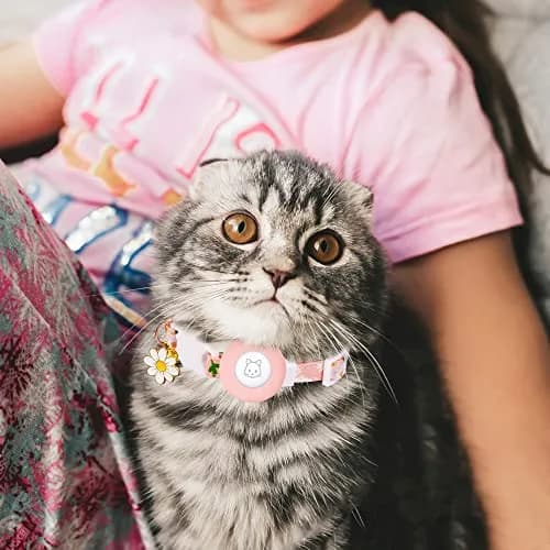 JXFUKAL Airtag Cat Collar with Breakaway Buckle, Silicone AirTag Holder, Bell & Flower Charm for Small Cats & Dogs (Pink) | Adjustable 7.1"-11.8" Neck Size thumbnail 7