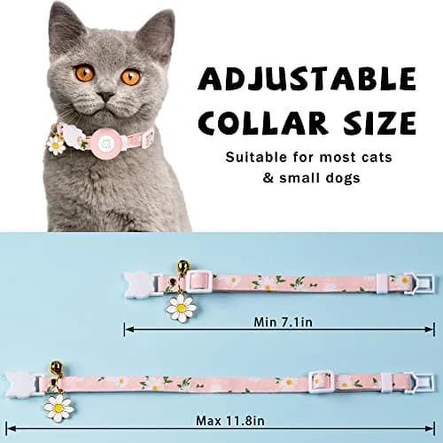 JXFUKAL Airtag Cat Collar with Breakaway Buckle, Silicone AirTag Holder, Bell & Flower Charm for Small Cats & Dogs (Pink) | Adjustable 7.1"-11.8" Neck Size thumbnail 3