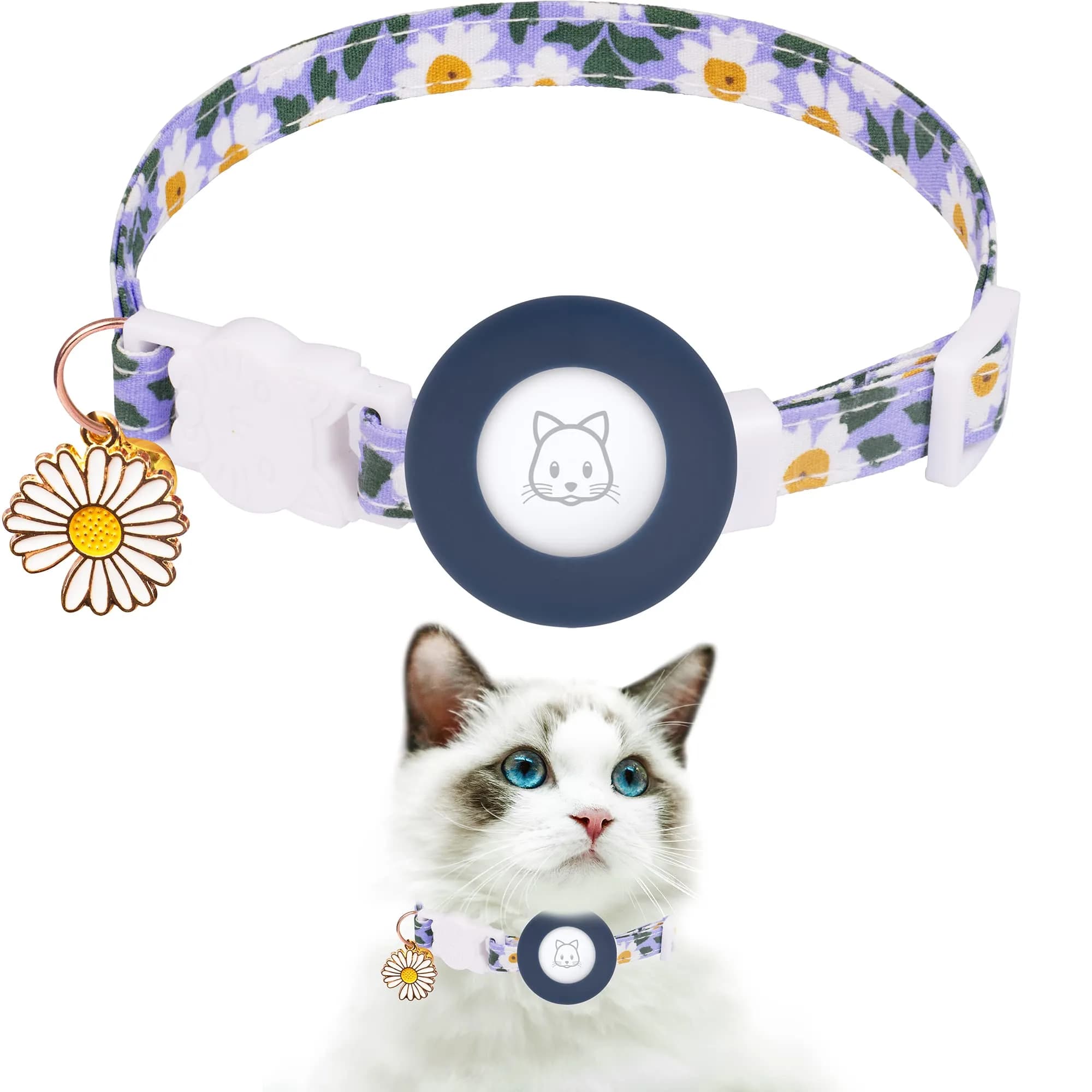 JXFUKAL Airtag Cat Collar with Breakaway Buckle, Silicone AirTag Holder, Bell & Flower Charm for Cats & Small Dogs (Blue, 7.1"-11.8")