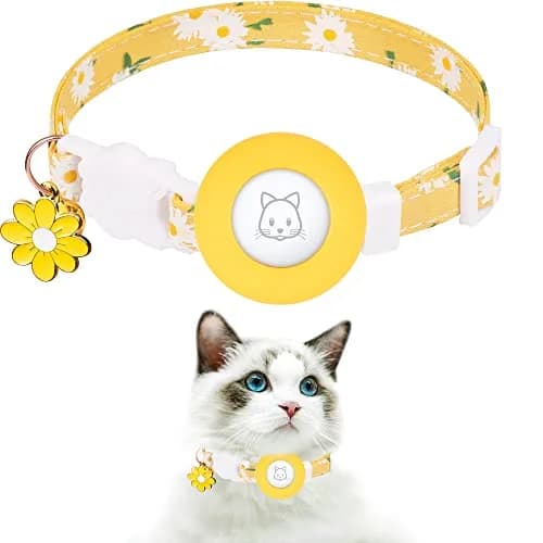 JXFUKAL Airtag Cat Collar with Breakaway Buckle, Silicone AirTag Holder, Bell & Flower Charm, Yellow, 20-30 cm (7.1"-11.8") thumbnail 1