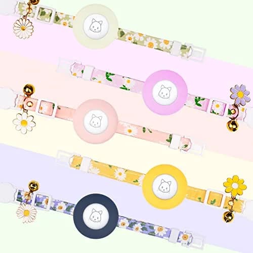 JXFUKAL Airtag Cat Collar with Breakaway Buckle, Silicone AirTag Holder, Bell & Flower Charm, Yellow, 20-30 cm (7.1"-11.8") thumbnail 8