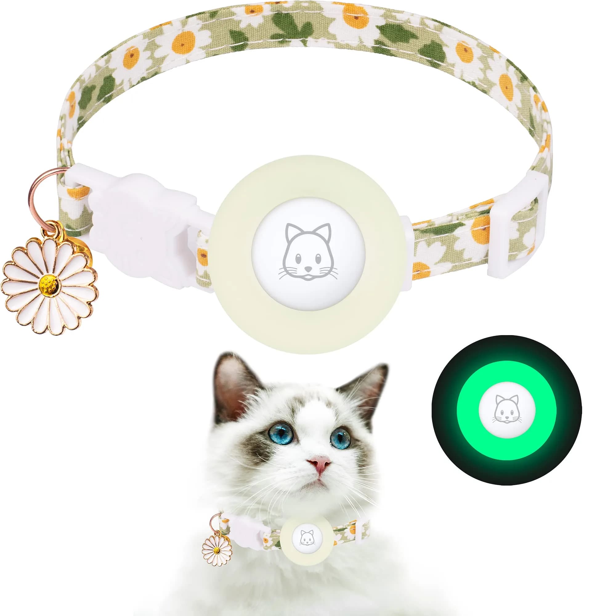 JXFUKAL Airtag Cat Collar with Breakaway Buckle, Silicone AirTag Holder, Bell & Flower Charm for Cats & Small Dogs (Luminous Green, 7.1"-11.8")