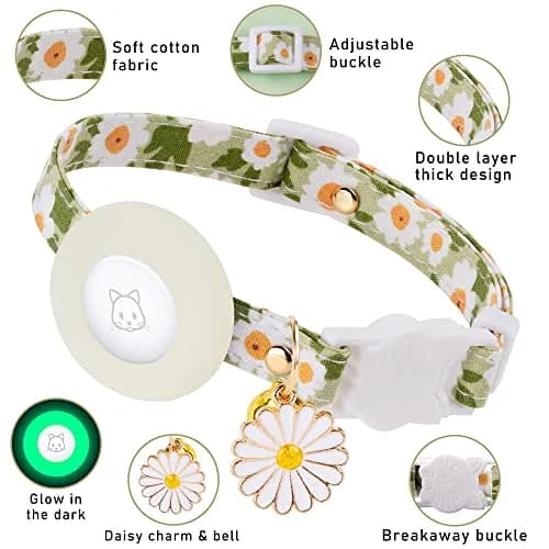 JXFUKAL Airtag Cat Collar with Breakaway Buckle, Silicone AirTag Holder, Bell & Flower Charm for Cats & Small Dogs (Luminous Green, 7.1"-11.8") thumbnail 2