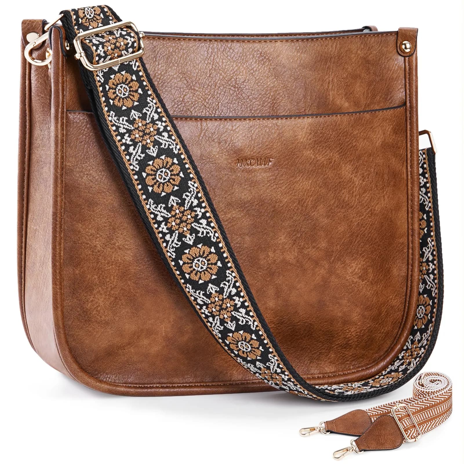 HKCLUF Vegan Leather Hobo Handbag With 2PCS Guitar Strap - Brown, 30.5cm (11.81in)