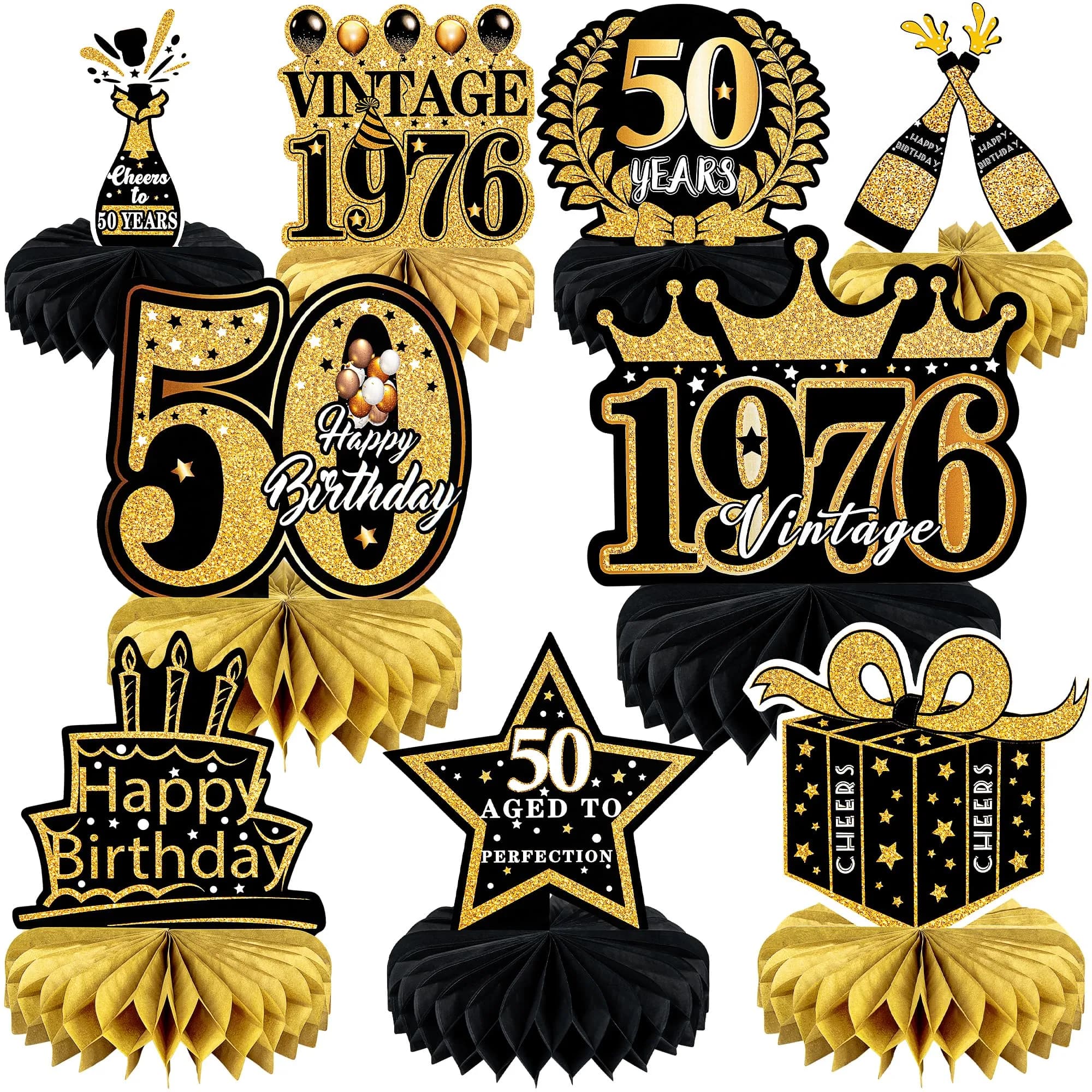 MDCGFOD 50th Birthday Decoration Pack | Black & Gold Table Honeycombs & Cardboard - main product image