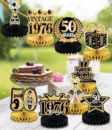 MDCGFOD 50th Birthday Decoration Pack | Black & Gold Table Honeycombs & Cardboard thumbnail 6